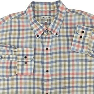 Peter Millar XXL Mens Plaid Button Down Shirt Long Sleeve Cotton‎ Blue Pink Tan